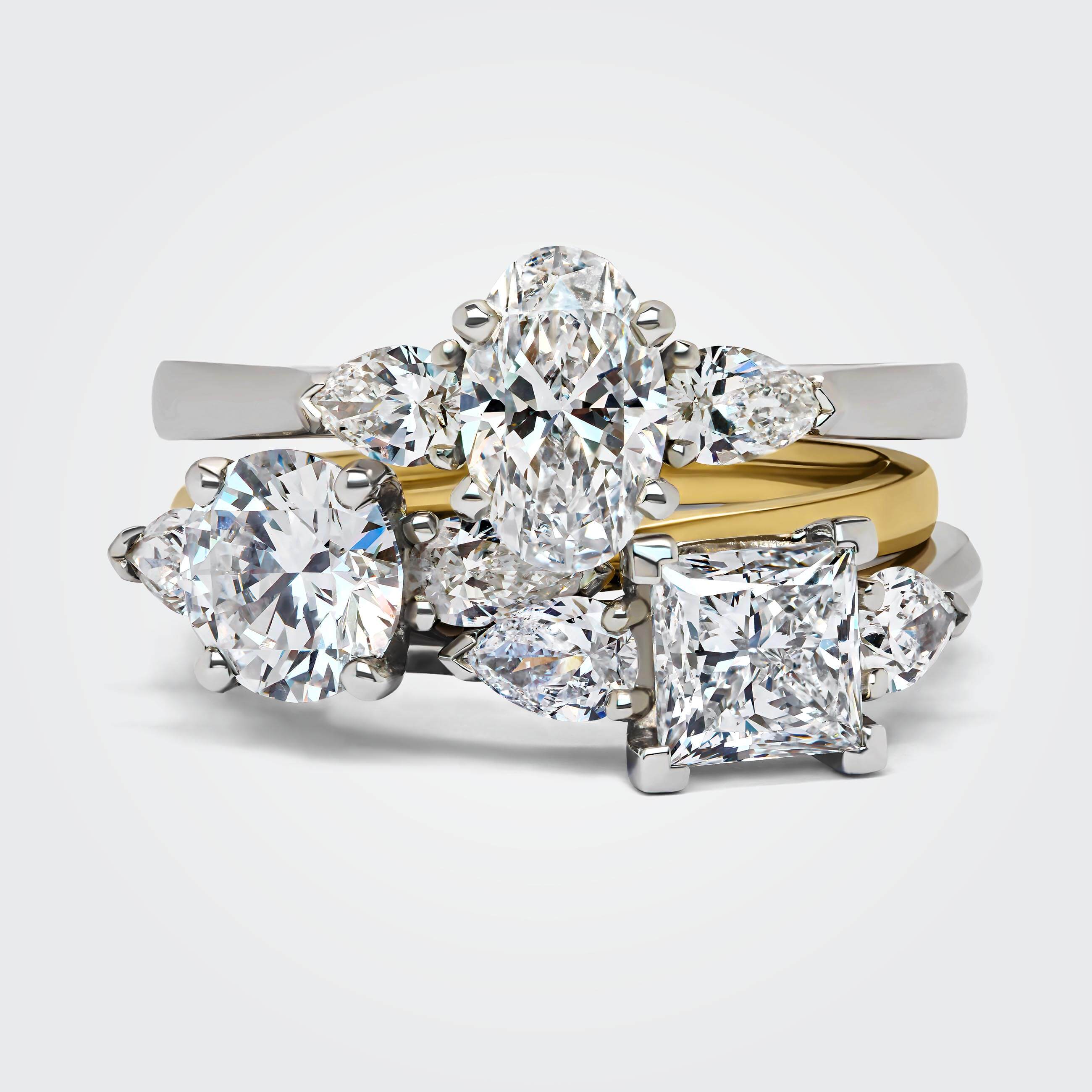 Elsa diamond trilogy pear engagement ring, bespoke made in Hatton Garden London, by Alan Bick
